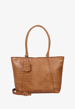 Sac fourre-tout en cuir gaufré crocodile tan avec deux poignées, strap amovible et détail de marque. Présente une texture lisse et un design structuré.