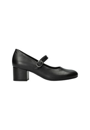 Chaussure Mary Jane en cuir noir avec un petit talon carré et une seule bride réglable à boucle sur le cou-de-pied.