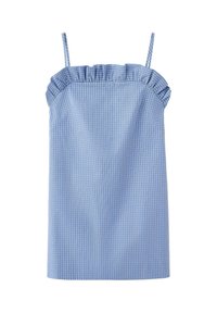 Robe sans manches à carreaux bleus et blancs avec fines bretelles et encolure à volants, coupe droite, longueur au genou.