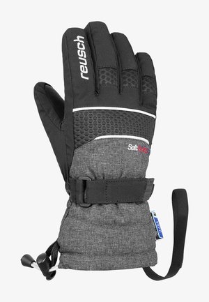 Zwarte winterhandschoen met een grijze textiele body, versterkte padding, een gestructureerd gripgebied en een verstelbare manchetriem voor een veilige pasvorm.