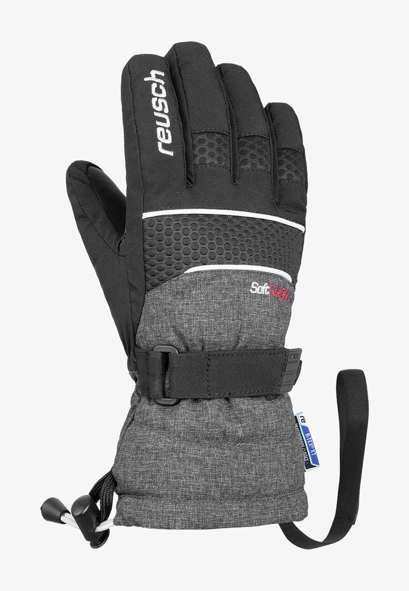 Guante de invierno negro con cuerpo de tejido gris, refuerzo acolchado, área de agarre texturizada y correa ajustable en la muñeca para un ajuste seguro.