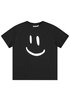 Juodas medvilnės marškinėlis su dideliu baltu šypsenėles dizainu priekyje. Trumpomis rankovėmis ir apvali iškirpte, standartinio kirpimo.