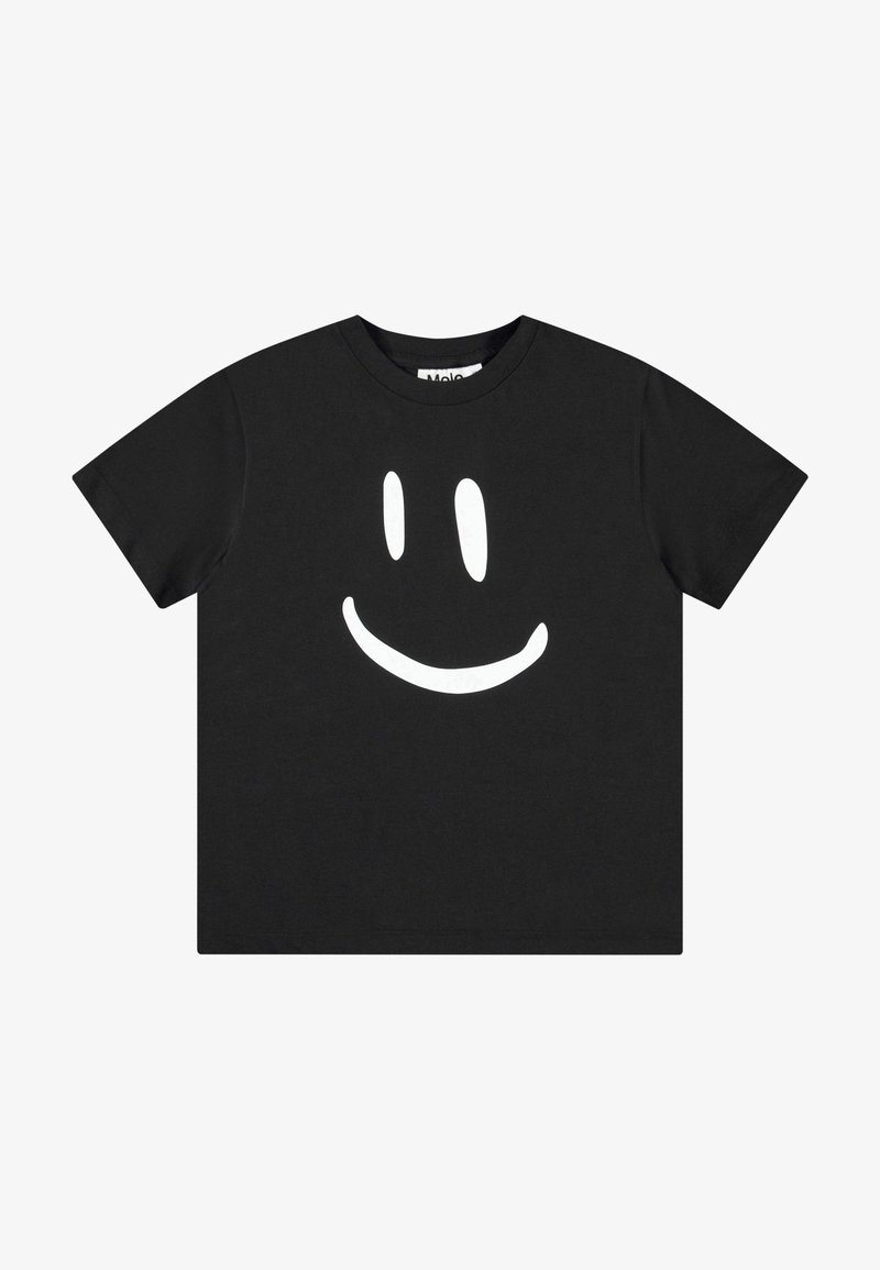 Black cotton T-shirt featuring a large white smiley face design on the front. Short sleeves and a crew neckline, standard fit.