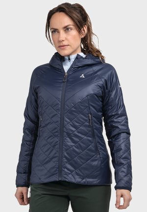 Dunkelblau gesteppte Isolierjacke mit Reißverschlussfront und Kapuze. Verfügt über zwei Seitentaschen und ein Logo auf der Brust.