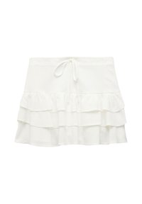 Witte gerimpelde rok met een tailleband met trekkoord, bestaande uit drie lagen rimpels, gemaakt van zachte stof met een gladde textuur.