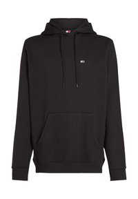 Felpa nera con cappuccio in misto cotone, dotata di tasca a marsupio frontale, polsini e orlo a costine, con un piccolo logo sul petto.