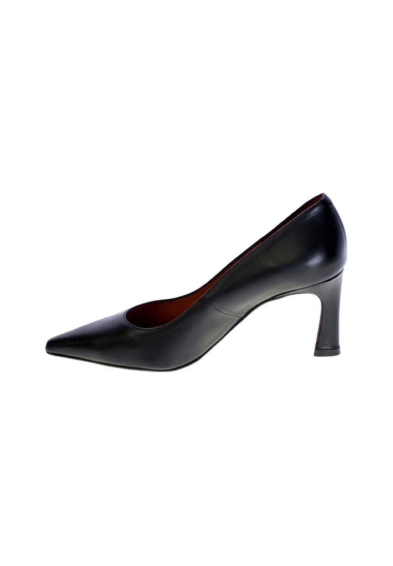 Scarpa da donna nera in pelle a punta con tacco alto di media altezza e sottile, mostrata in profilo laterale su uno sfondo bianco.