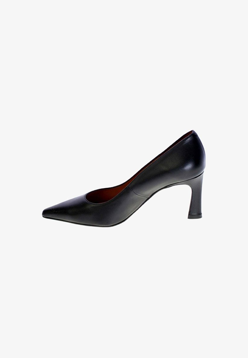 Scarpa da donna nera in pelle a punta con tacco alto di media altezza e sottile, mostrata in profilo laterale su uno sfondo bianco.