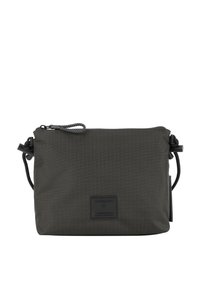 Borsa a tracolla grigia con una finitura testurizzata, dotata di chiusura superiore con zip, tracolla regolabile e una targhetta in pelle con logo sulla parte anteriore.