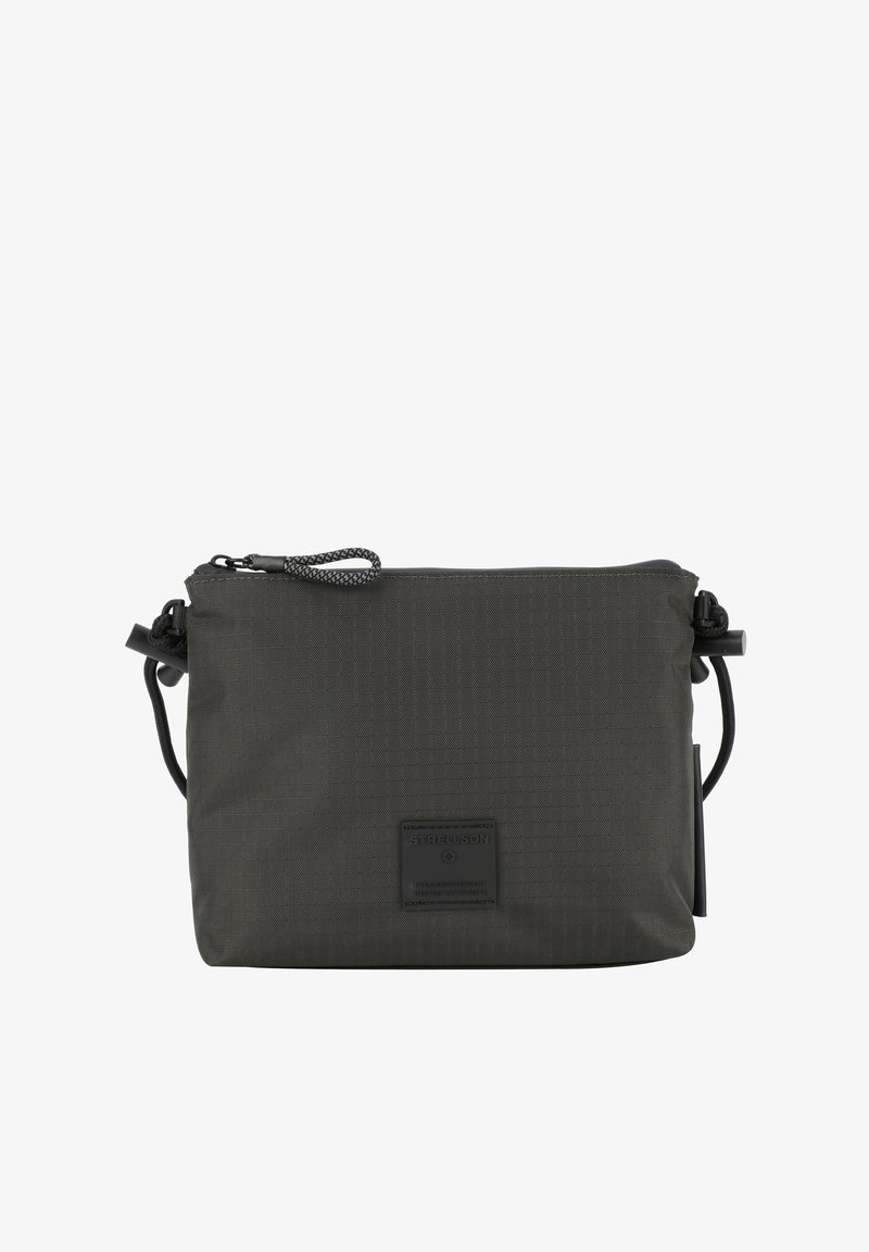 Borsa a tracolla grigia con una finitura testurizzata, dotata di chiusura superiore con zip, tracolla regolabile e una targhetta in pelle con logo sulla parte anteriore.