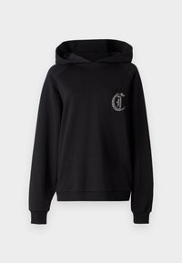 Felpa nera con cappuccio e maniche raglan, caratterizzata da un logo testurizzato in argento sul lato sinistro del petto e polsini e orlo a coste.