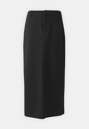 Črna svila krila, dolžine do kolen, izdelana iz gladkega blaga. Ima razporek na hrbtu in stranske žepke, enostaven dizajn in nevtralno barvo.