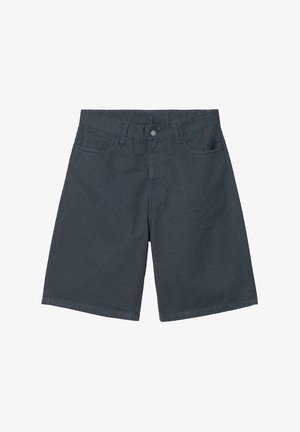 Pantalones cortos de color gris oscuro hechos de algodón, con un diseño de pierna recta, bolsillos frontales y cierre de botón. Sin patrones visibles ni detalles de hardware.