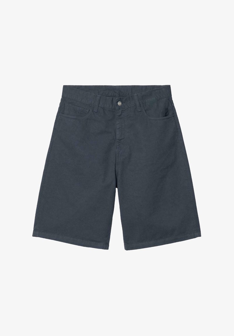 Pantalones cortos de color gris oscuro hechos de algodón, con un diseño de pierna recta, bolsillos frontales y cierre de botón. Sin patrones visibles ni detalles de hardware.