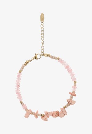 Finom karkötő rózsaszín és bézs színű kőgyöngyökkel, aranyszínű kerek gyöngyökkel, homárkapoccsal és állítható lánccal, amelyen egy kis ovális címke található.