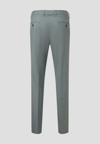 Grijze op maat gemaakte broek met een gladde textuur, een rechte pasvorm en twee achterzakken met knopen. Heeft een subtiel ruitpatroon over het geheel.