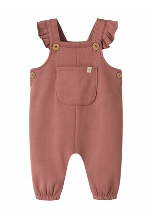 Bløde lyserøde overalls til småbørn med flæse- skulderstropper, træknapper, forlomme og elastiske manchetter ved benene.