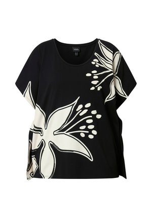 Sort kortærmet bluse med store hvide blomsterprint og rund halsudskæring, med løs og afslappet pasform samt sideslidser.