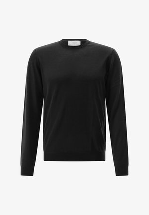 Black long-sleeve sweater made of soft knit fabric. Features a crew neck and ribbed cuffs and hem. Minimalist design with no additional patterns.