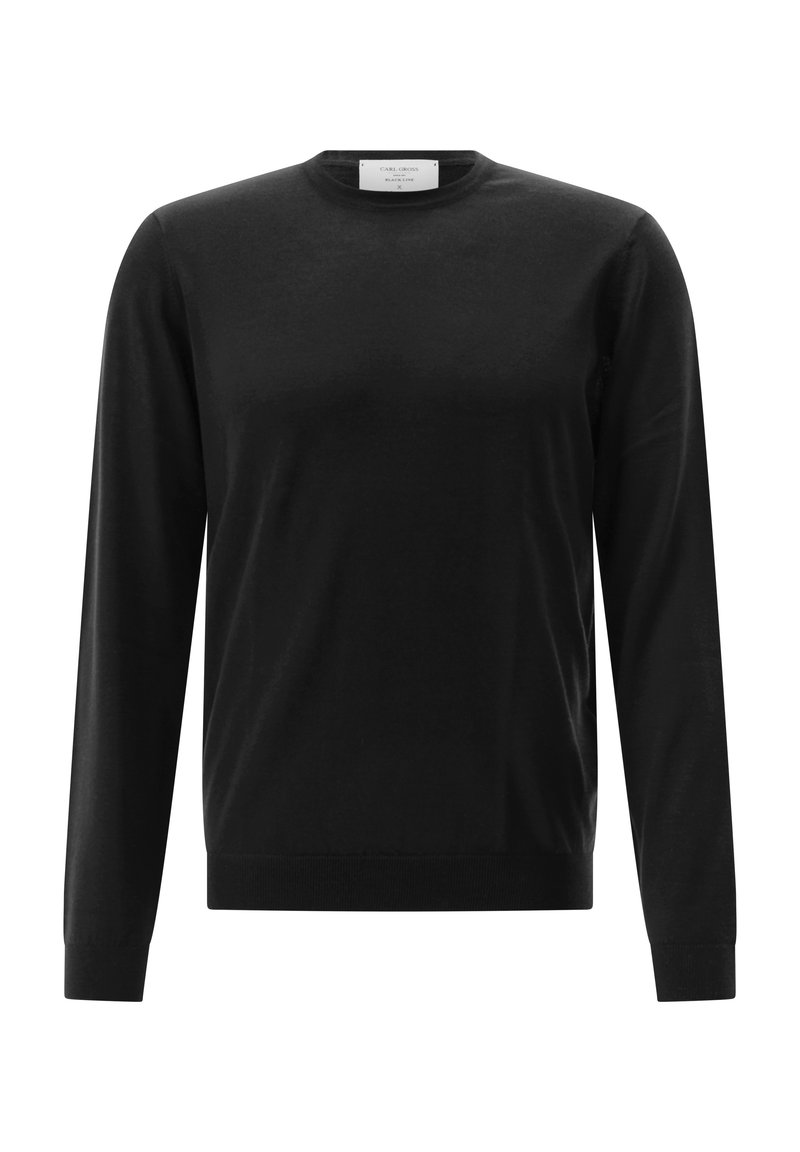 Schwarzer Langarmpullover aus weichem Strickstoff. Verfügt über einen Rundhalsausschnitt sowie gerippte Bündchen und Saum. Minimalistisches Design ohne zusätzliche Muster.