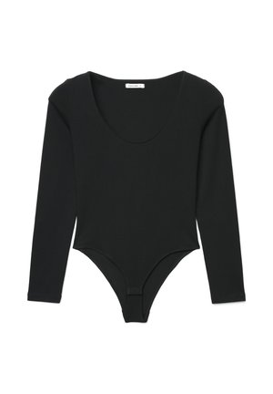 Body nero a maniche lunghe con scollo arrotondato e chiusura a scatto sul fondo. Design aderente, realizzato in tessuto liscio ed elastico.