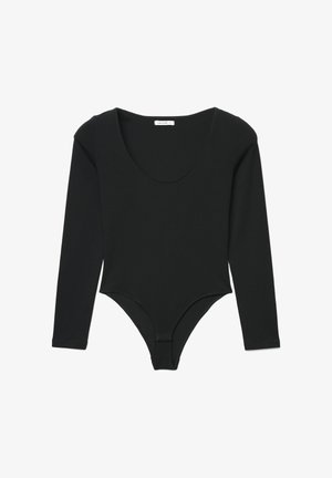 Body nero a maniche lunghe con scollo arrotondato e chiusura a scatto sul fondo. Design aderente, realizzato in tessuto liscio ed elastico.