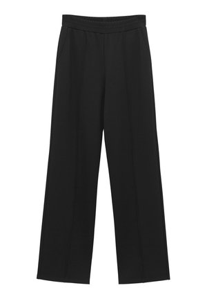 Pantaloni a gamba larga neri con una texture liscia, vita elastica e dettagli di cucitura verticale. Realizzati in un tessuto morbido e elastico.