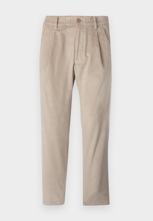 Beige corduroy pants with an elastic waistband, button closure, and pleat details, featuring a straight leg design and textured fabric.