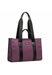 Borsa a tracolla in tela viola con manici neri e dettagli in pelle, caratterizzata da una chiusura superiore a zip e una forma rettangolare. Dettaglio del logo semplice sulla parte anteriore.