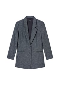 Blazer grigio a spina di pesce con rever, maniche lunghe, due tasche frontali e due bottoni. Vestibilità tailored e tessuto testurizzato.
