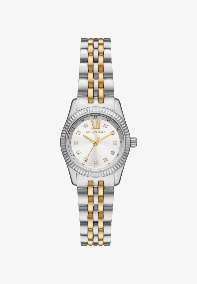 Two-tone silver and gold Michael Kors wristwatch with white dial, gold Roman numeral XII and crystal hour markers, linked metal bracelet.