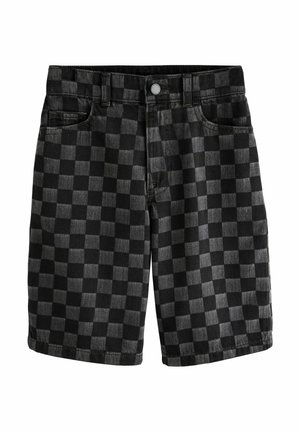 Black and dark gray checkered denim shorts with front pockets, belt loops, and a button closure.