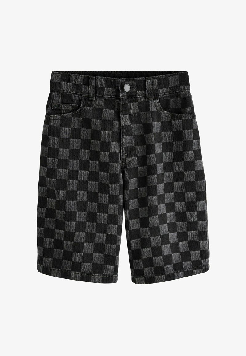 Čierne a tmavosivé kárované rifľové šortky s prednými vreckami, pútkami na opasok a zapínaním na gombík.