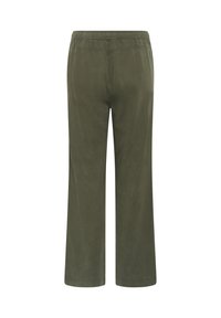 Groene broek met een relaxte pasvorm, gemaakt van zachte stof. Heeft een elastische tailleband en een rechte snit, met minimale stikdetails.