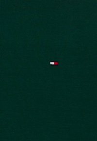 T-shirt en coton vert à manches courtes avec un petit logo rayé rouge, blanc et rouge sur la poitrine. Texture lisse, coupe classique.