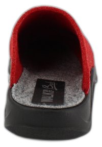 Red felt slip-on shoe with a wide open back, gray insole, and black rubber sole. Minimalist design with a smooth texture and no visible hardware.