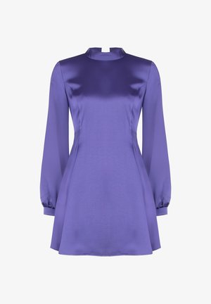 Purple satin dress with long sleeves, high neckline, and flared silhouette. Smooth texture with light sheen and fitted bodice detail.