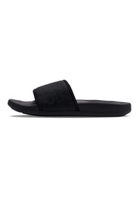Sandașe negre tip slide, cu un superior texturat care prezintă un model subtil, cu talpă interioară amortizată și o talpă exterioară din cauciuc flexibil.