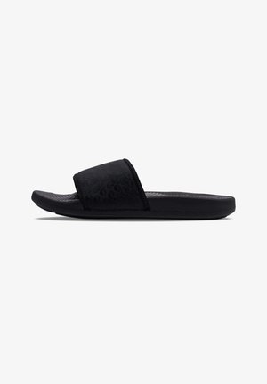 Tongs noires avec un dessus texturé présentant un motif subtil, semelle intérieure rembourrée et semelle en caoutchouc flexible.