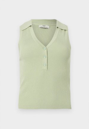 Sleeveless ribbed knit top in light green with a V-neck, three front buttons, and small collar details on the shoulders.