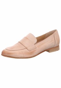 Light pink leather loafer with a wide strap across the vamp, smooth texture, rounded toe, and a low wooden heel.