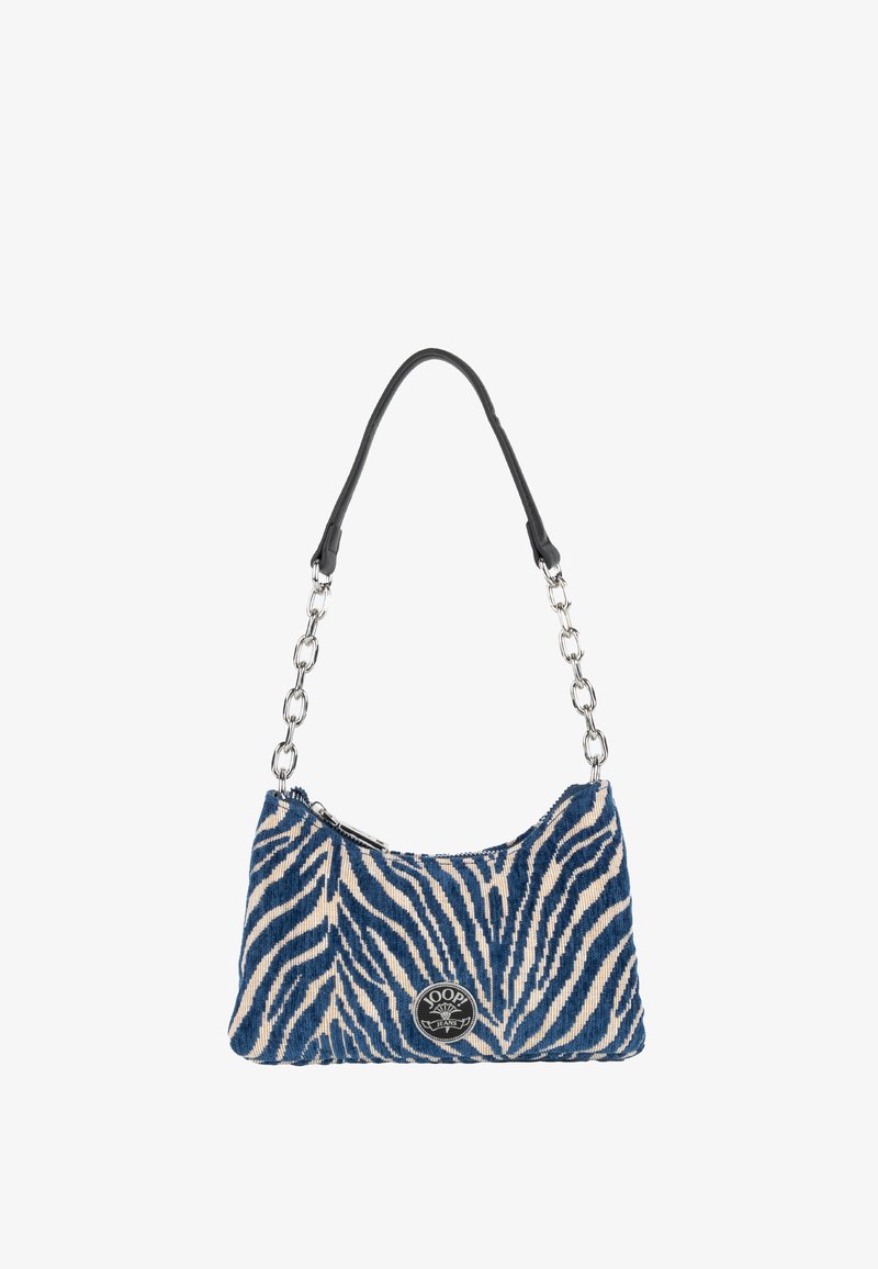 Blå og beige zebra-stribet lille håndtaske med sort læder- og sølvkæde-strop samt rund Joop! Jeans logo-patch.