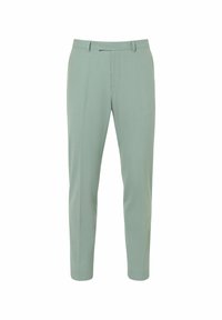 Hellgrüne maßgeschneiderte Hose mit glatter Textur, Gürtelschlaufen und vorderen Falten, im Slim-Fit und mit schmal zulaufendem Bein.