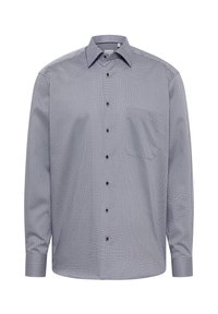 Camicia da uomo a maniche lunghe, con bottoni, caratterizzata da un piccolo motivo geometrico in tonalità di blu e bianco, con colletto a punta.