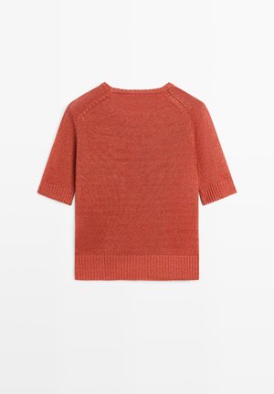 Pull en maille couleur rouille avec manches courtes, poignets, ourlet et encolure ronde côtelés, vu de dos sur fond blanc.