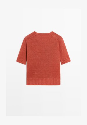 Maglione color ruggine con maniche corte, polsini, orlo e scollo tondo a coste, mostrato da dietro su sfondo bianco.