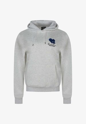 Lichtgrijze hoodie met een voorzak, koordjes aan de capuchon en een donkerblauw hartontwerp. Gemaakt van zachte, gestructureerde stof.