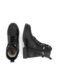 Black leather ankle boots with lace-up front, zip closure, padded collar, and textured rubber soles. Features silver-tone hardware accents.