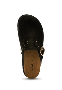 Zwarte suède instap schoenen met gouden gesp en studs, bruin gevoerd voetbed gelabeld "Scholl" maat 38, bovenaanzicht op witte achtergrond.