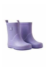 Bottes de pluie en caoutchouc violettes avec une semelle texturée, un corps lisse et des languettes à l'arrière pour un enfilage facile. Elles présentent un logo carré sur le côté extérieur.